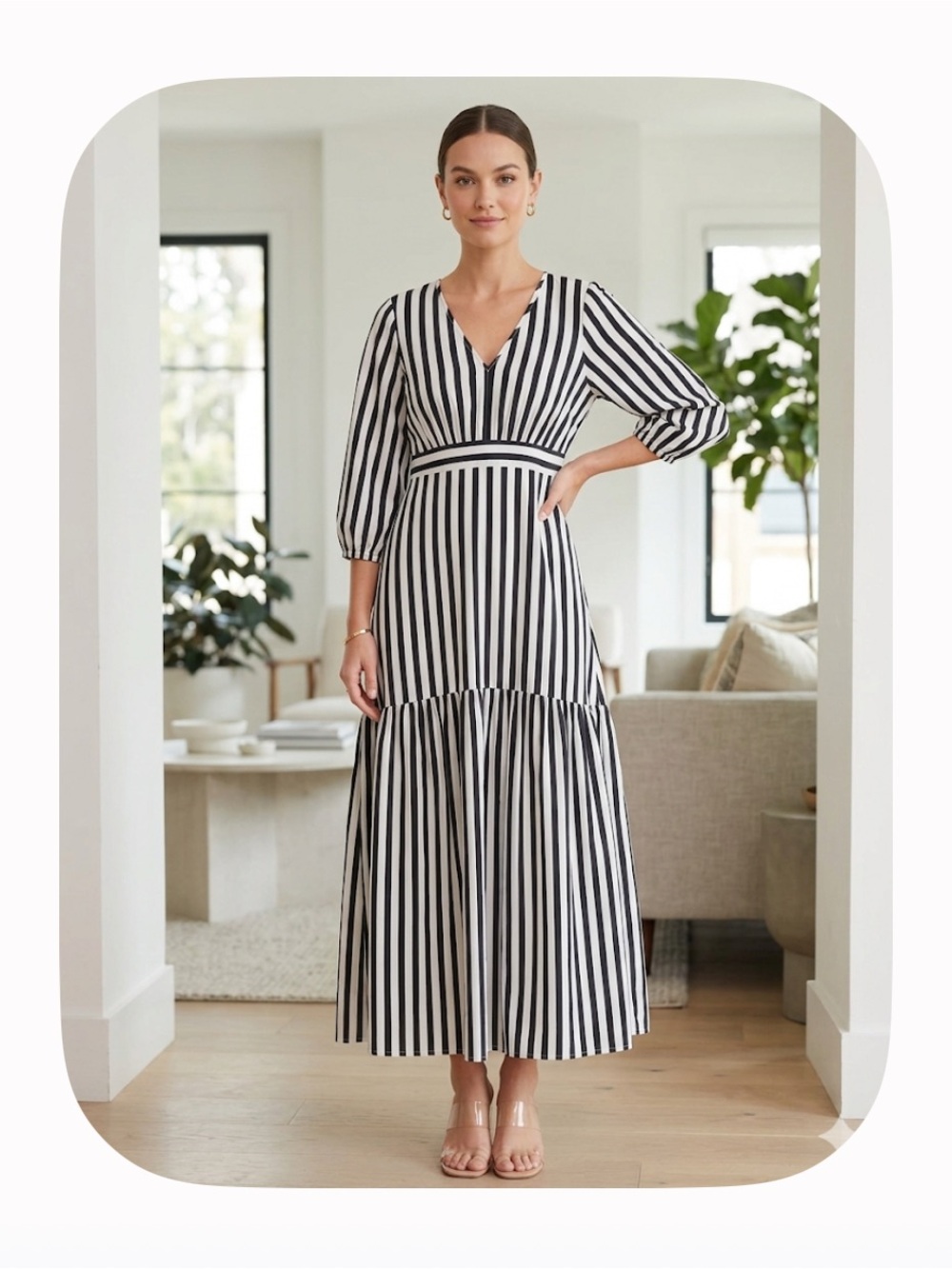 Classic Striped Tiered Maxi Dress Modest V-Neck Long Sleeve Boho Plus SZ 2X